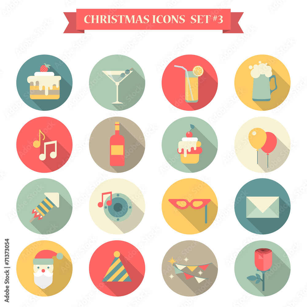 Christmas New Year icon set flat style sweets drinks decorations Christmas New Year icon set flat style sweets drinks decorations