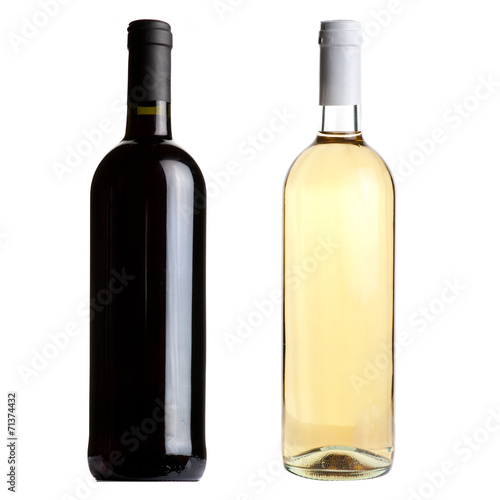 Red and white wine bottles on white background