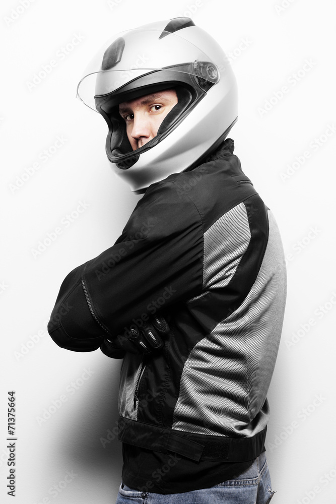 Man in motorcycle suit