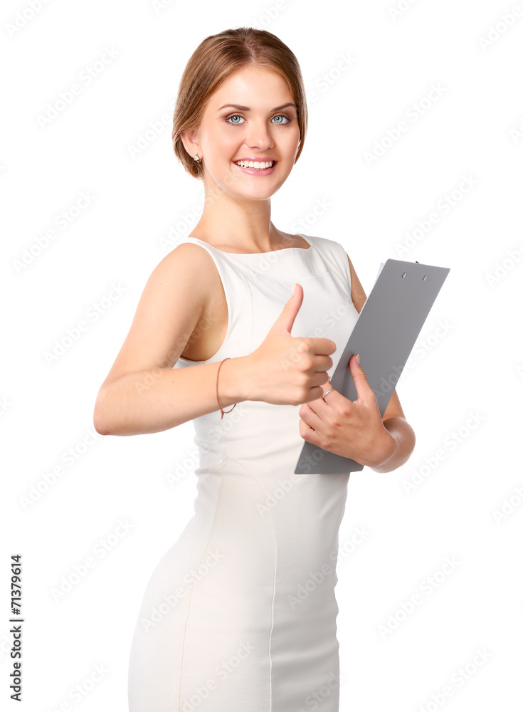 Young woman with folder showing ok, isolated on white background Young woman with folder showing ok, isolated on white background
