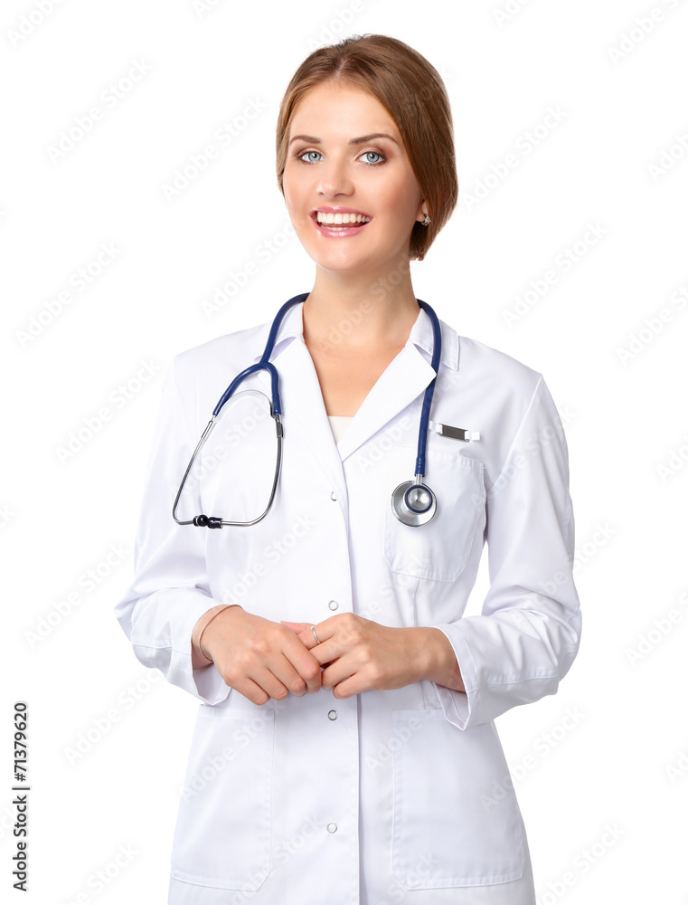 Portrait of young woman doctor with white coat standing in Portrait of young woman doctor with white coat standing in