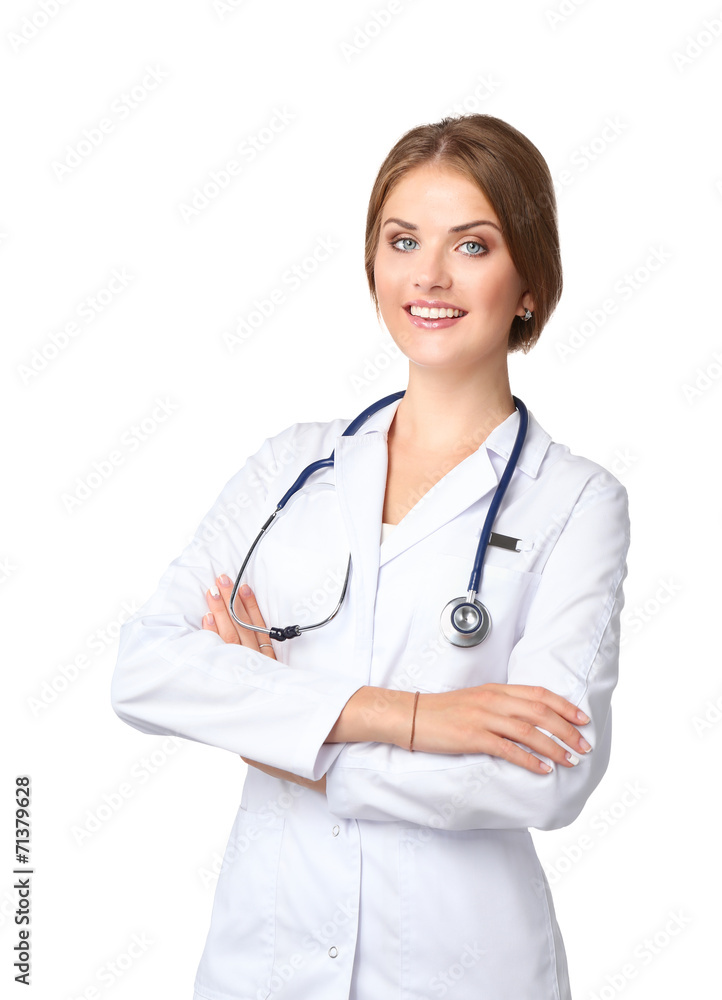 Portrait of young woman doctor with white coat standing in Portrait of young woman doctor with white coat standing in