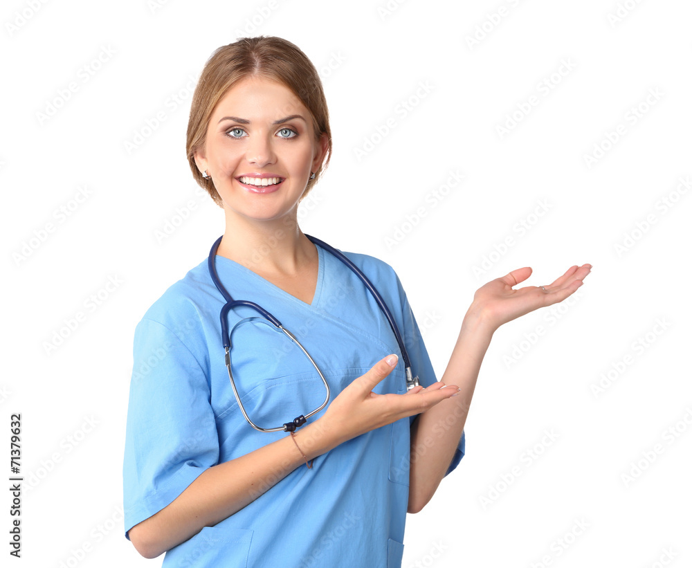 Portrait of young woman doctor with blue coat standing in Portrait of young woman doctor with blue coat standing in