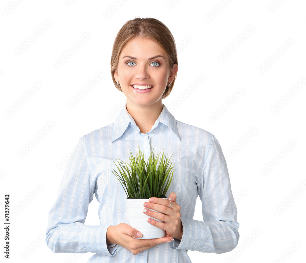 Beautiful woman holding pot with a plant, isolated on white Beautiful woman holding pot with a plant, isolated on white