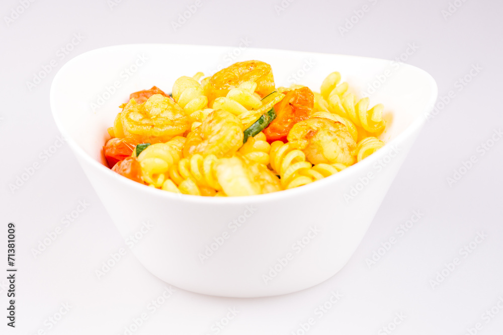 fusilli with curry, shrimps, zucchini and cherry tomato fusilli with curry, shrimps, zucchini and cherry tomato