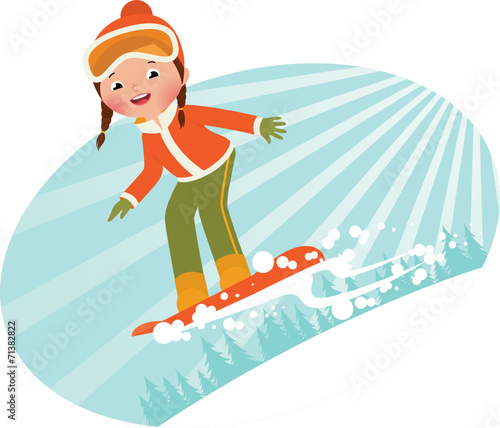 Girl snowboarder sliding down the mountain on a snowboard