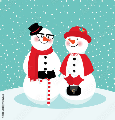 Greeting card couple in love cute snowmen and snow