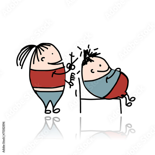 Woman hairdresser cuts client, cartoon