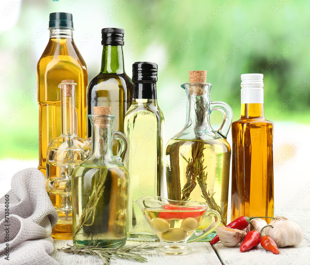 Different sorts of cooking oil, close-up Different sorts of cooking oil, close-up