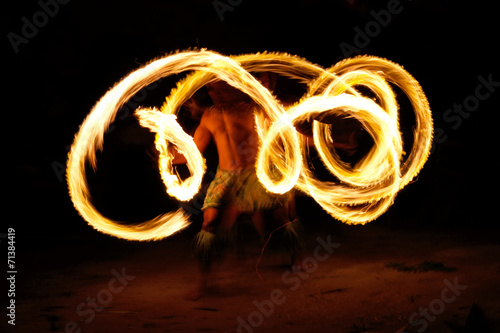 Fire show in famous Hina cave, blurred motion, Oholei beach, Ton photo