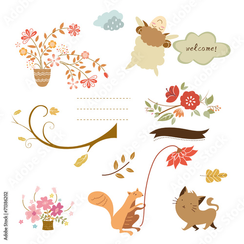 set of cartoon characters and autumn elements