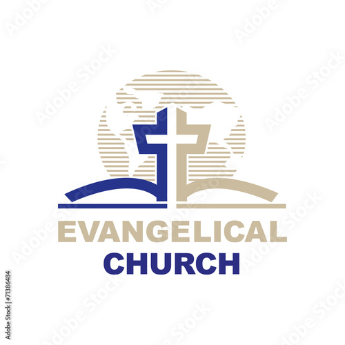 Vector logo, church symbol cross, bible, earth globe.
