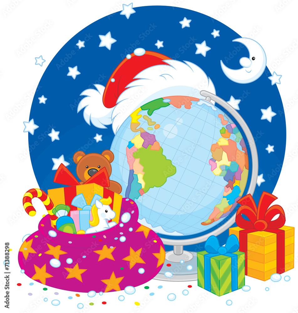 Obraz premium Santa Claus hat, Christmas gifts and globe