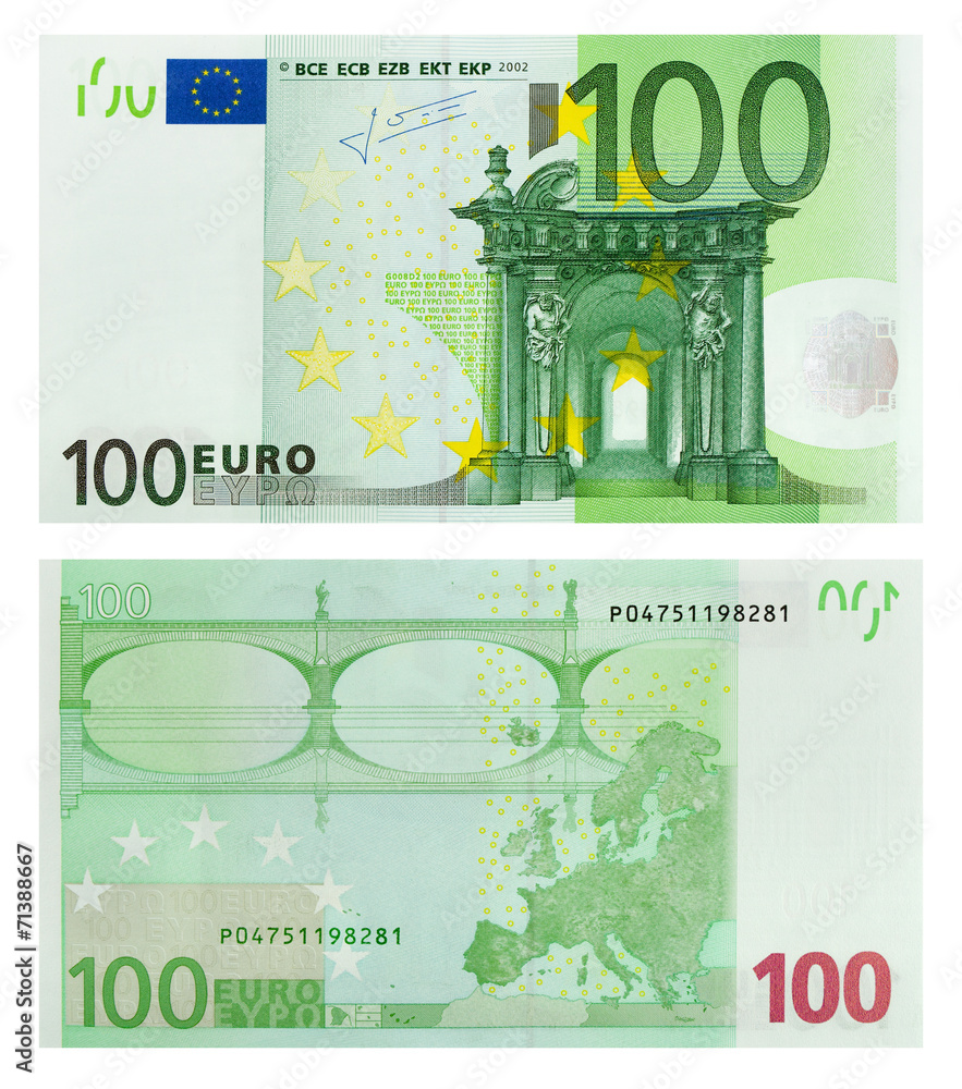 Two sides of 100 euro banknote - obrazy, fototapety, plakaty 