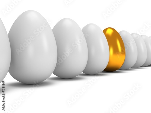 Golden egg in a row of the white eggs. 3D.