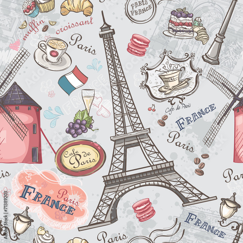 Seamless texture with the image of the sights of Paris