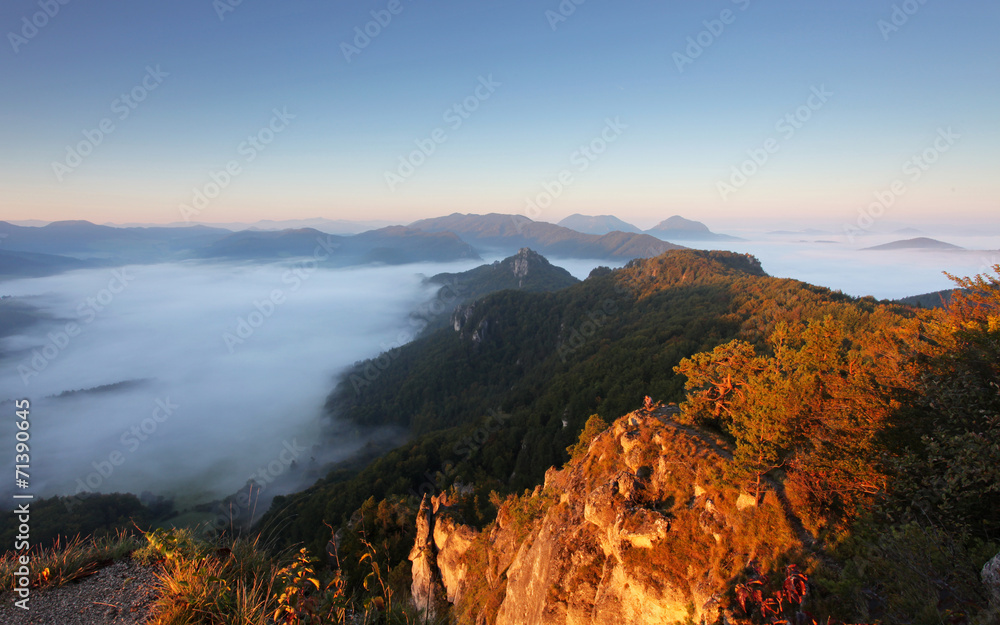 Sunrine autumn landscape in Slovakia rock, Sulov