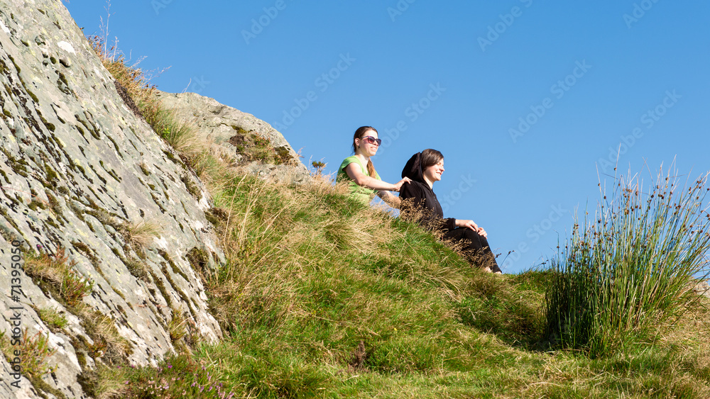 Female hikers on top of mountain taking a break, Scotland, UK