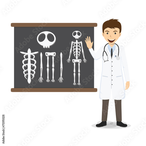 Doctor presenting skeleton on blackboard vector illustration
