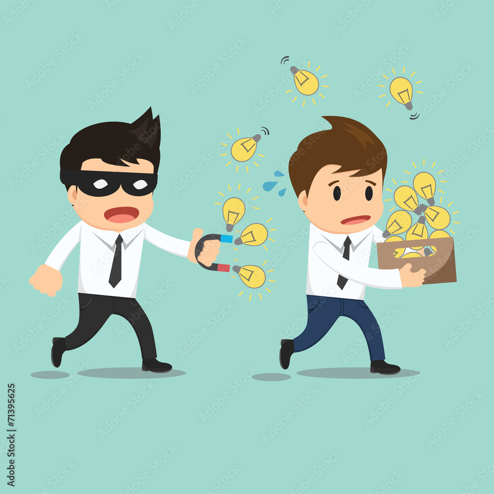 Businessman run thief use magnet stealing idea vector illustrati Businessman run thief use magnet stealing idea vector illustrati