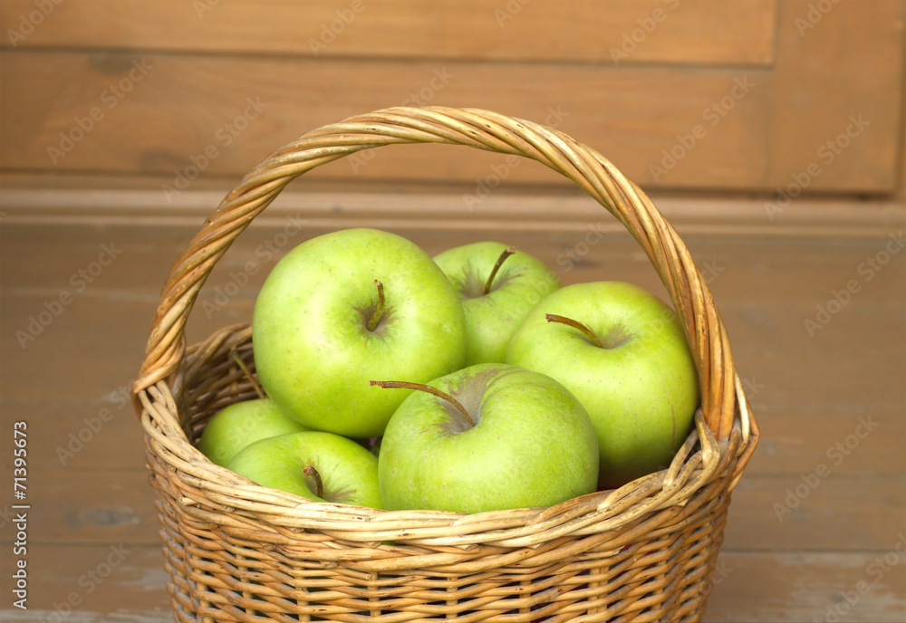 Ripe green apples in wicker basket closeup Ripe green apples in wicker basket closeup