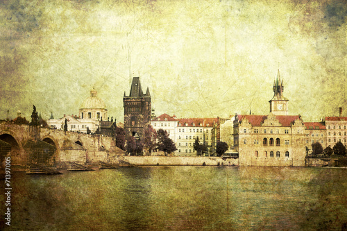 Fotografie Vintage style panorama of old Prague, Czech Republic