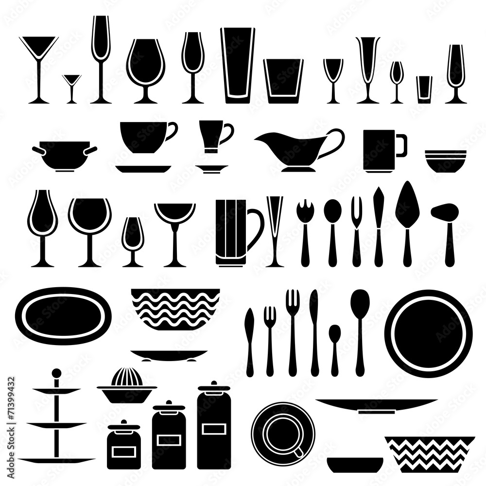 Fototapeta premium Set of silhouettes of cookware and kitchen accessories