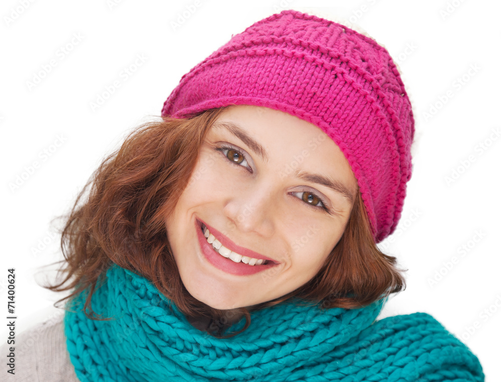 Portrait of woman on white background with woolen accessories Portrait of woman on white background with woolen accessories