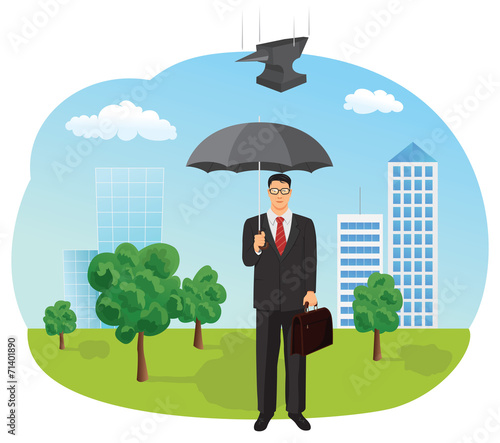 Businessman holding an umbrella. The anvil falls on him.