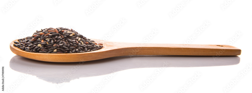 Black glutinous rice on a wooden spoon over white background Black glutinous rice on a wooden spoon over white background