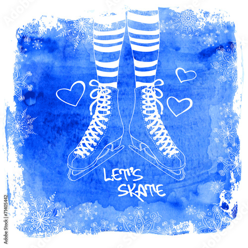 Female legs in skates on a watercolor background
