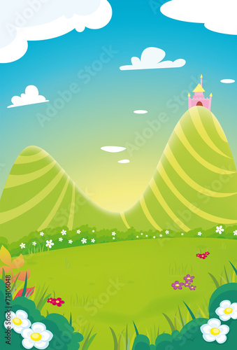 Colorful Fantasy Background with Green Hills and Distant Castle.