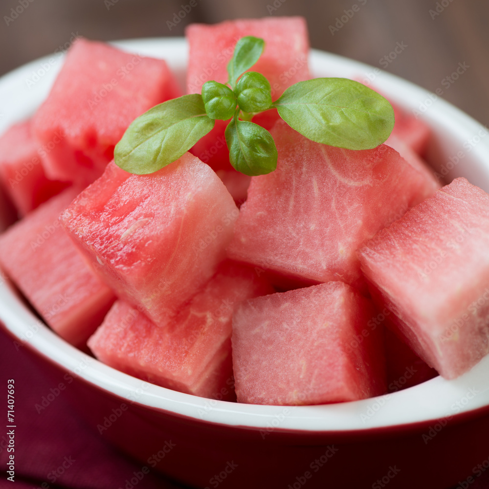 Fresh watermelon cubes, close-up, studio shot Fresh watermelon cubes, close-up, studio shot