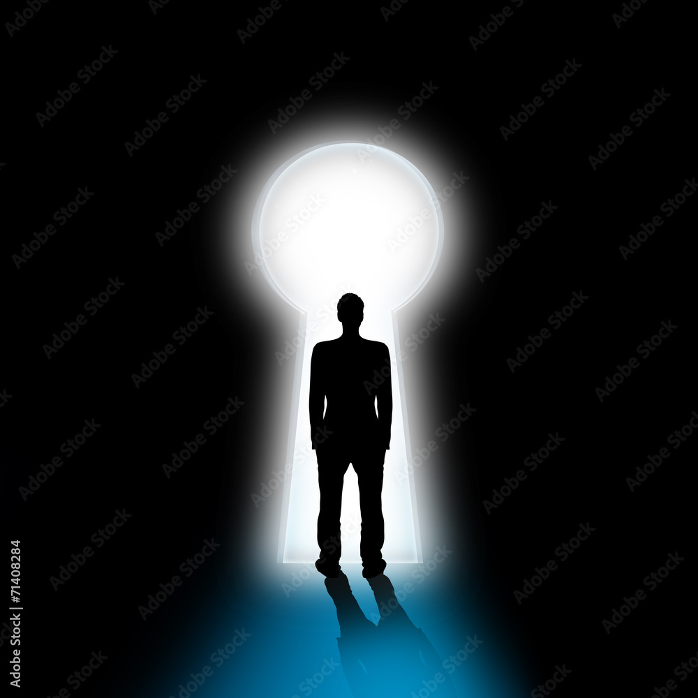 Silhouette eines Mannes vor Schlüsselloch Silhouette eines Mannes vor Schlüsselloch