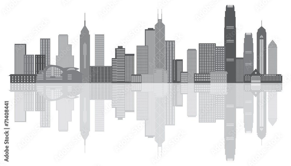 Fototapeta premium Hong Kong City Skyline Grayscale Panorama Vector Illustration