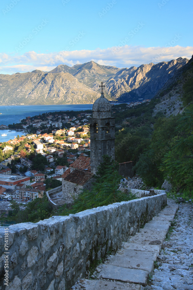 Sunrise in Kotor. View of old church in the fortress Sunrise in Kotor. View of old church in the fortress