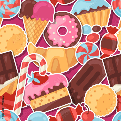 Seamless pattern colorful sticker candy, sweets and cakes.