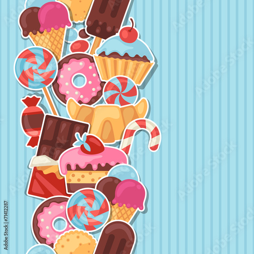 Seamless pattern colorful sticker candy, sweets and cakes.