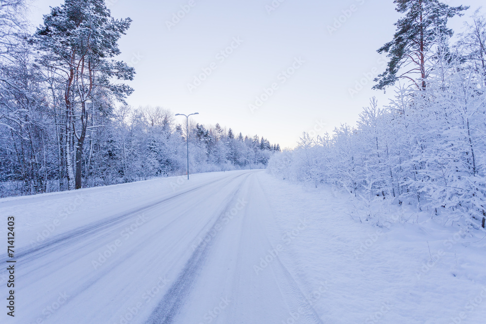 Winter evening forest with road covered with snow