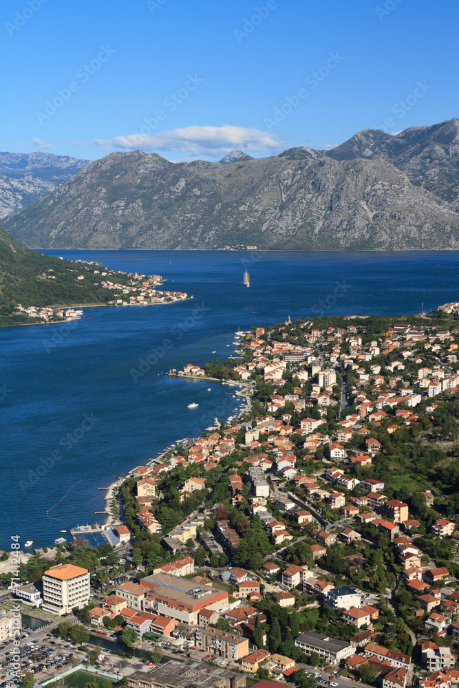 An aerial view of the city and the bay of Kotor.
