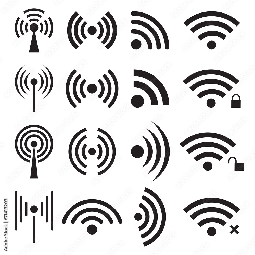Set of black wireless and wifi icons Set of black wireless and wifi icons