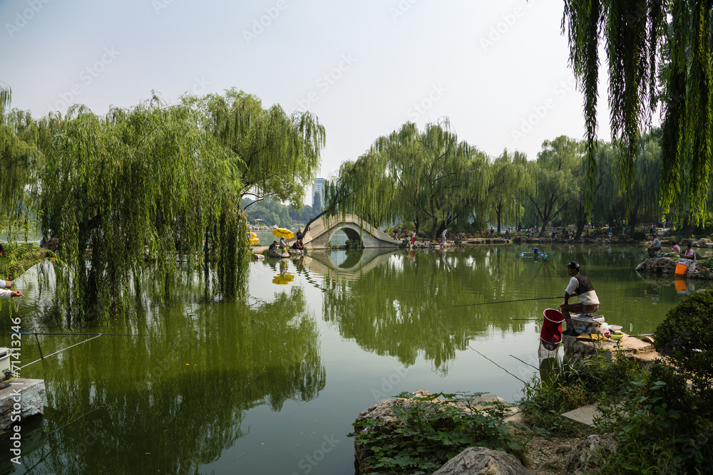 Beijing. Scenic view of the pond with artificial islands