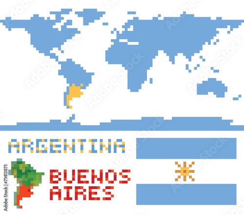 Argentina on world map, border shape flag and capital buenos