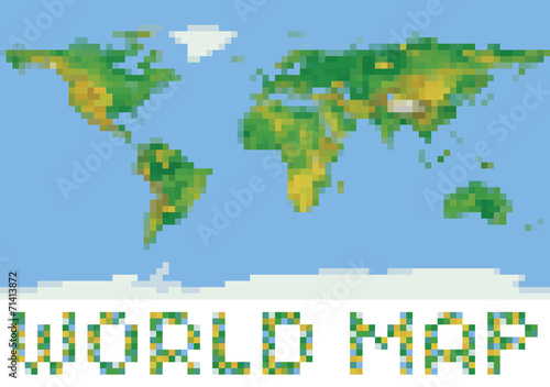 pixel art style world physical map with green and yellow relief