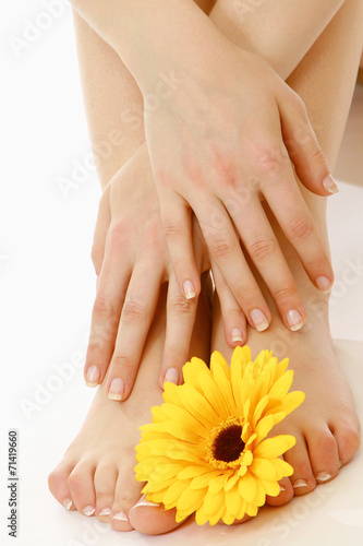 Female feet and flower. Isolated over white background