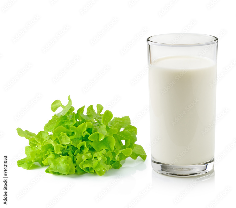 Glass of milk with green lettuce isolated on white background Glass of milk with green lettuce isolated on white background