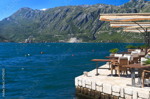 Street cafe in the town of Perast with views of the Bay of Kotor