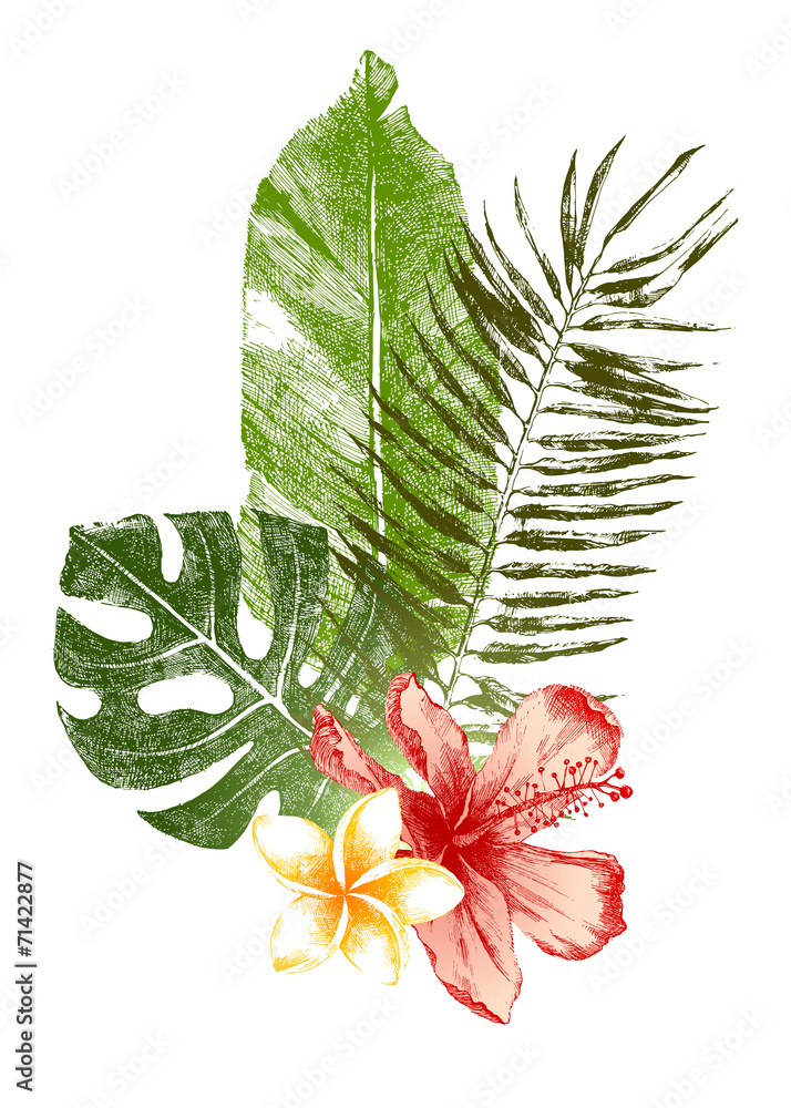 Fototapeta premium hand drawn tropical leaves and flowers