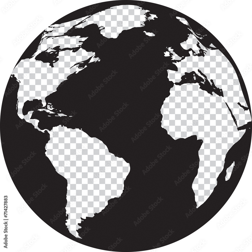 Naklejka Czarno-biały globus z przezroczystością kontynentów