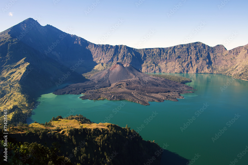 Jari Baru volcano and lake inside  Rinjani mountain, Lombok, Ind